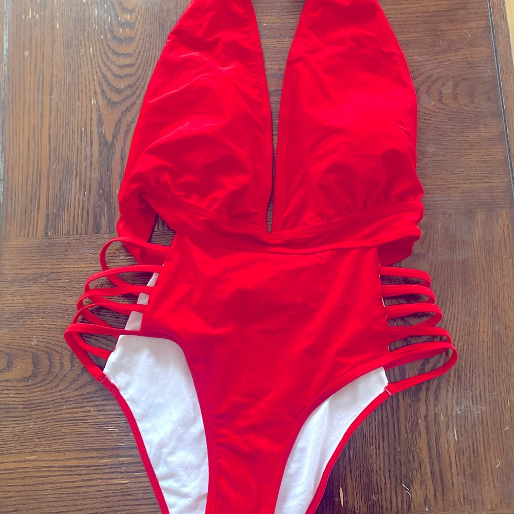 One piece red halter style swimsuit NWT